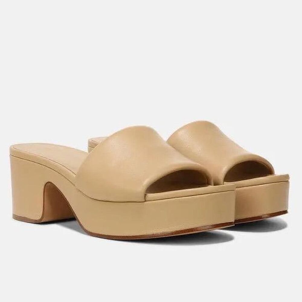 Vince Womens Margo Beige Leather Platform Slide Sandals Block Heel Size 7.5